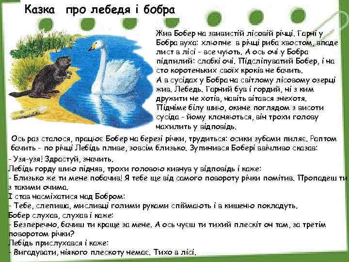 Казка про лебедя і бобра Жив Бобер на звивистій лісовій річці. Гарні у Бобра