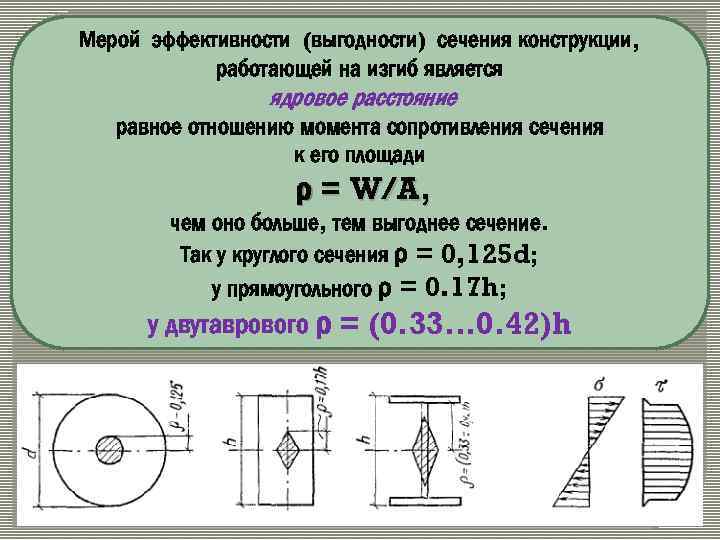 Мерой эффективности (выгодности) сечения конструкции, работающей на изгиб является ядровое расстояние равное отношению момента