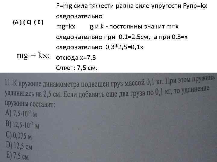 (A ) ( C) ( E ) F=mg сила тяжести равна силе упругости Fупр=kx