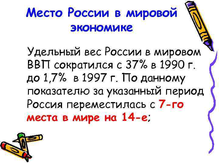 Место России в мировой экономике Удельный вес России в мировом ВВП сократился с 37%