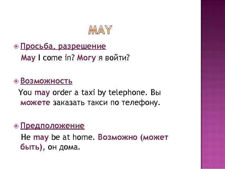  Просьба, разрешение May I come in? Могу я войти? Возможность You may order