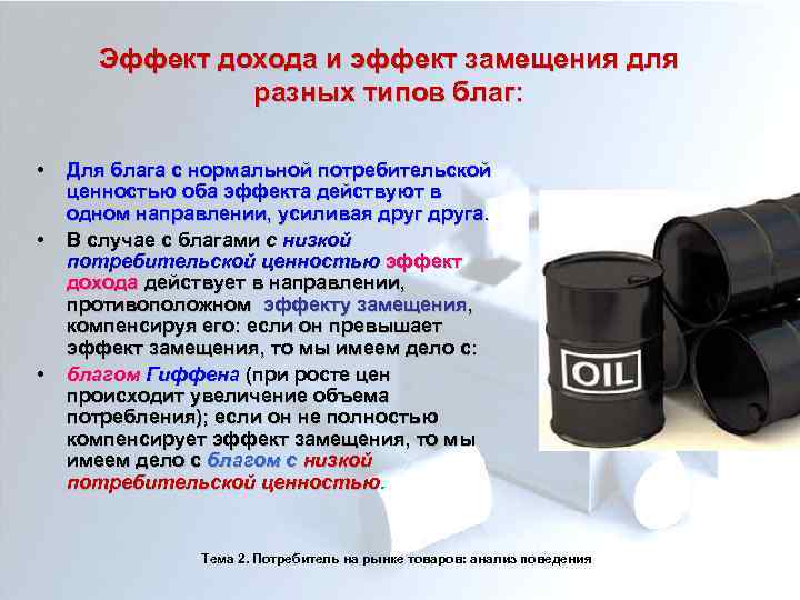 Эффект дохода и эффект замещения для разных типов благ: • • • Для блага