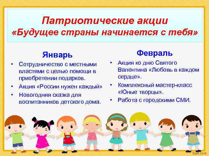 Патриотические акции «Будущее страны начинается с тебя» Январь Февраль • Сотрудничество с местными властями