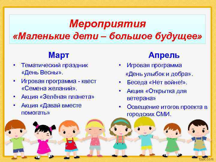 Мероприятия «Маленькие дети – большое будущее» Март • Тематический праздник «День Весны» . •
