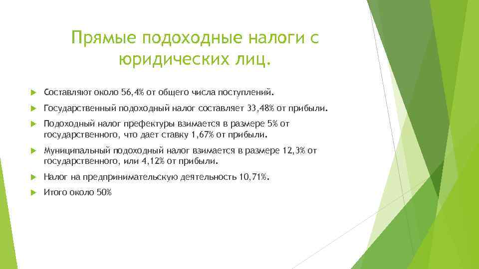 Прямые подоходные налоги с юридических лиц. Составляют около 56, 4% от общего числа поступлений.