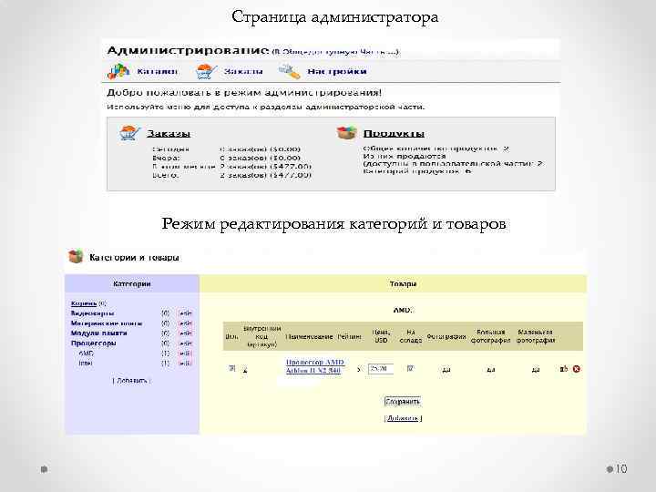Страница администратора Режим редактирования категорий и товаров 10 