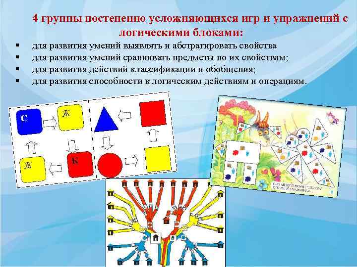 4 группы постепенно усложняющихся игр и упражнений с логическими блоками: § § для развития