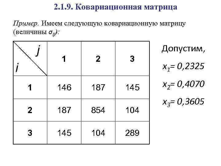 2. 1. 9. Ковариационная матрица Пример. Имеем следующую ковариационную матрицу (величины σij): j i