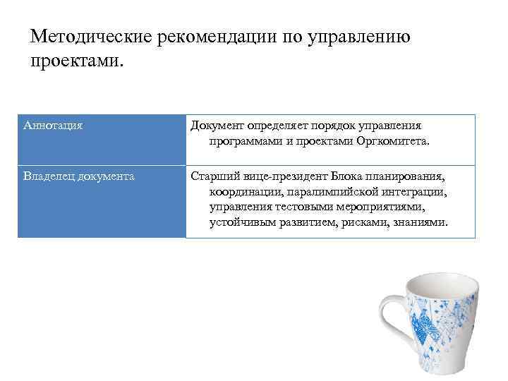 Методические рекомендации по управлению проектами. Аннотация Документ определяет порядок управления программами и проектами Оргкомитета.