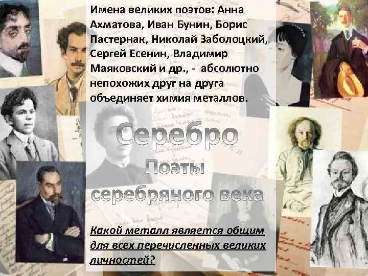 Имена великих поэтов: Анна Ахматова, Иван Бунин, Борис Пастернак, Николай Заболоцкий, Сергей Есенин, Владимир