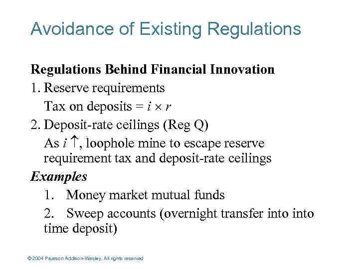 Avoidance of Existing Regulations Behind Financial Innovation 1. Reserve requirements Tax on deposits =