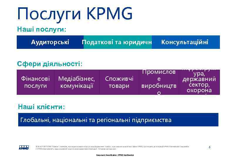 Послуги KPMG Наші послуги: Аудиторські Податкові та юридичні Сфери діяльності: Фінансові послуги Медіабізнес, комунікації