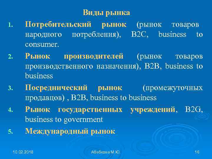 1. 2. 3. 4. 5. Виды рынка Потребительский рынок (рынок товаров народного потребления), B