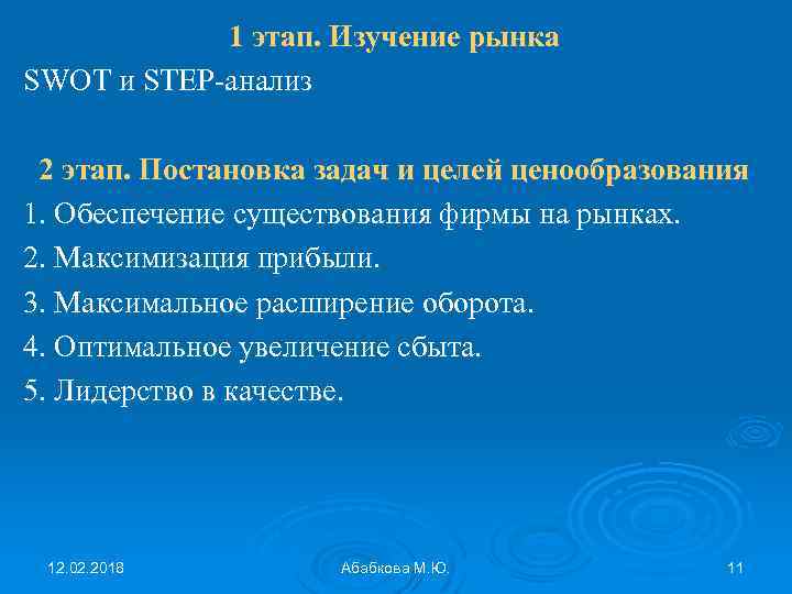 1 этап. Изучение рынка SWOT и STEP-анализ 2 этап. Постановка задач и целей ценообразования