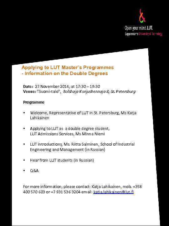 Applying to LUT Master’s Programmes - Information on the Double Degrees Date: 27 November