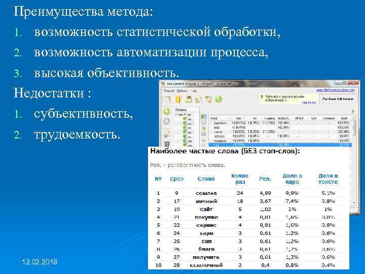 Преимущества метода: 1. возможность статистической обработки, 2. возможность автоматизации процесса, 3. высокая объективность. Недостатки