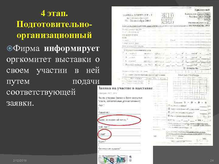 4 этап. Подготовительноорганизационный Фирма информирует оргкомитет выставки о своем участии в ней путем подачи