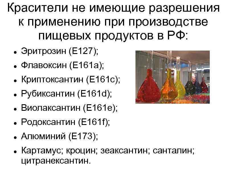 Красители не имеющие разрешения к применению при производстве пищевых продуктов в РФ: Эритрозин (Е