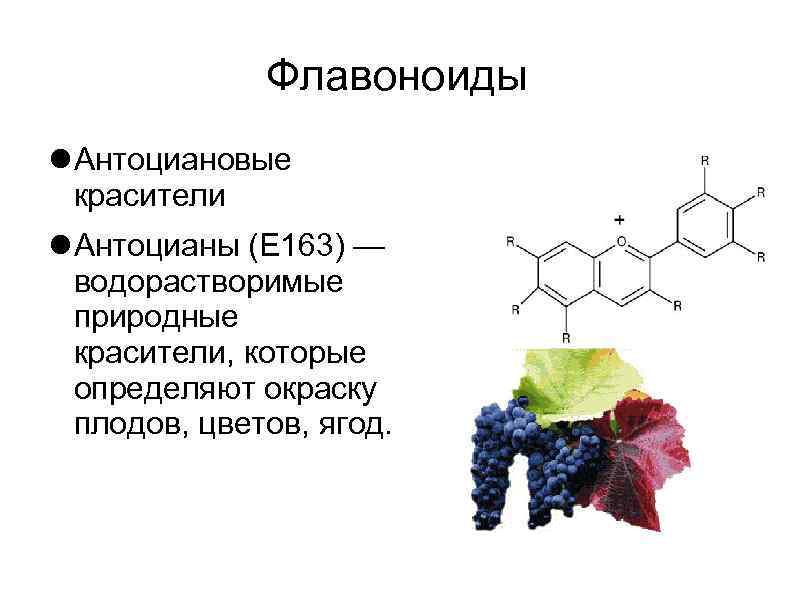 Флавоноиды Антоциановые красители Антоцианы (Е 163) — водорастворимые природные красители, которые определяют окраску плодов,