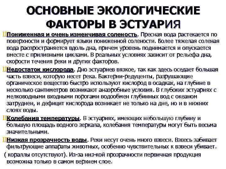 ОСНОВНЫЕ ЭКОЛОГИЧЕСКИЕ ФАКТОРЫ В ЭСТУАРия Ш Пониженная и очень изменчивая соленость. Пресная вода растекается