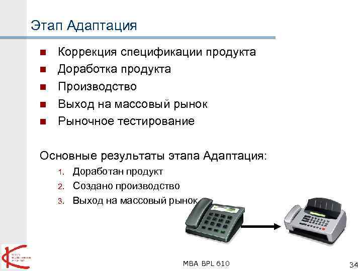 Этап Адаптация n n n Коррекция спецификации продукта Доработка продукта Производство Выход на массовый