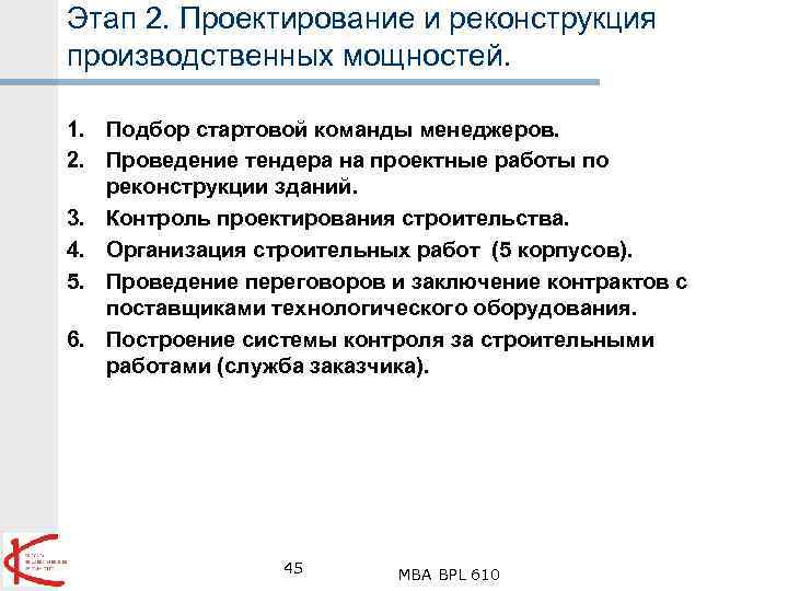 Этап 2. Проектирование и реконструкция производственных мощностей. 1. Подбор стартовой команды менеджеров. 2. Проведение