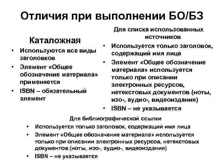 Отличия при выполнении БО/БЗ Для списка использованных источников Каталожная • Используется только заголовок, •