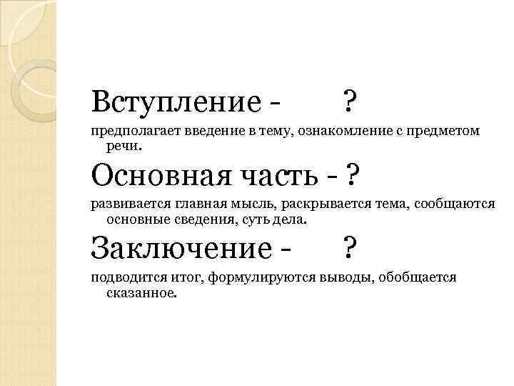 Вступление - ? предполагает введение в тему, ознакомление с предметом речи. Основная часть -