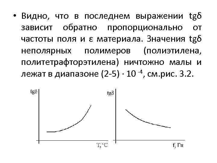  • Видно, что в последнем выражении tgδ зависит обратно пропорционально от частоты поля