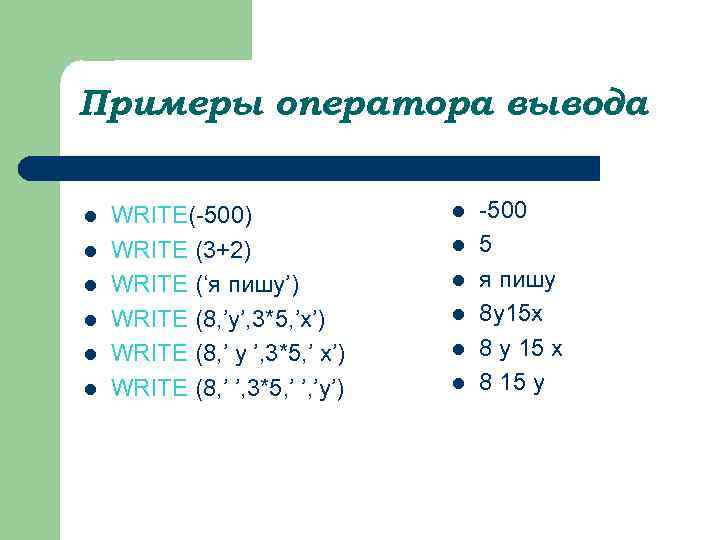 Примеры оператора вывода l l l WRITE(-500) WRITE (3+2) WRITE (‘я пишу’) WRITE (8,