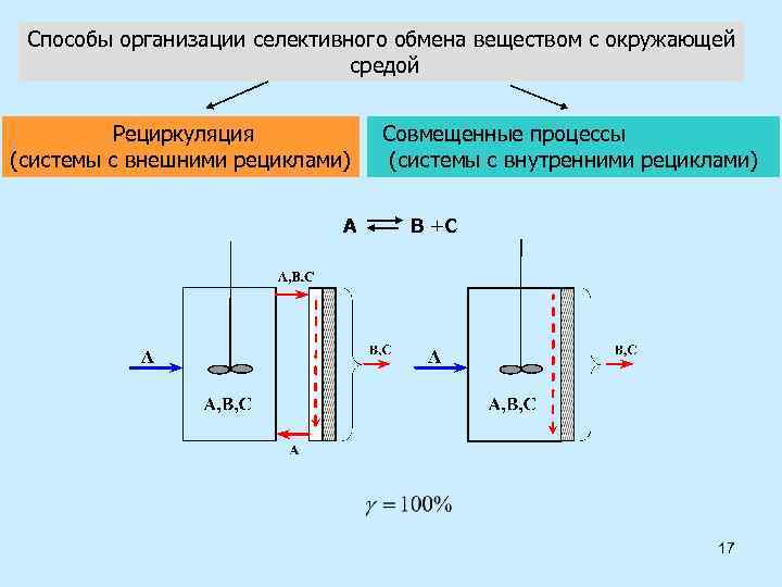 Способы организации селективного обмена веществом с окружающей средой Рециркуляция (системы с внешними рециклами) А