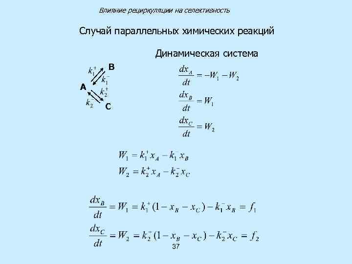 Влияние рециркуляции на селективность Случай параллельных химических реакций Динамическая система В А С 37