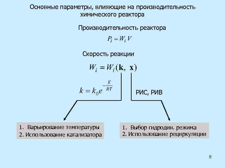 Основные параметры, влияющие на производительность химического реактора Производительность реактора Скорость реакции РИС, РИВ 1.