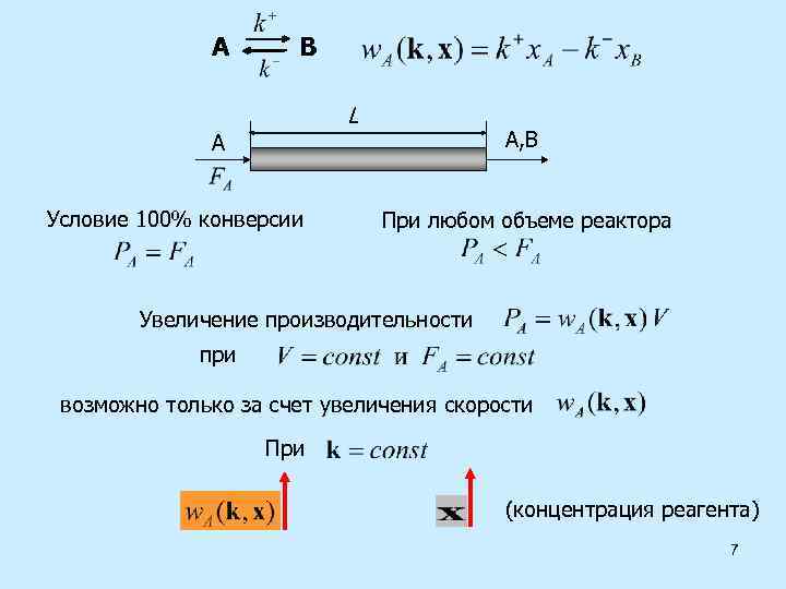 А В L А, В А Условие 100% конверсии При любом объеме реактора Увеличение