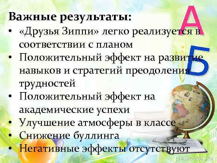 Важные результаты: • «Друзья Зиппи» легко реализуется в соответствии с планом • Положительный эффект