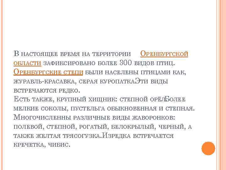 В НАСТОЯЩЕЕ ВРЕМЯ НА ТЕРРИТОРИИ ОРЕНБУРГСКОЙ ОБЛАСТИ ЗАФИКСИРОВАНО БОЛЕЕ 300 ВИДОВ ПТИЦ. ОРЕНБУРГСКИЕ СТЕПИ