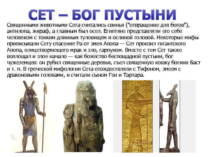 СЕТ – БОГ ПУСТЫНИ Священными животными Сета считались свинья ("отвращение для богов"), антилопа, жираф,