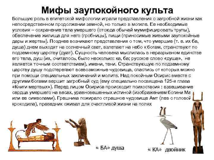 Мифы заупокойного культа Большую роль в египетской мифологии играли представления о загробной жизни как