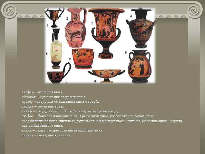 канфар – чаша для вина. ойнохоя – кувшин для воды или вина. кратер –