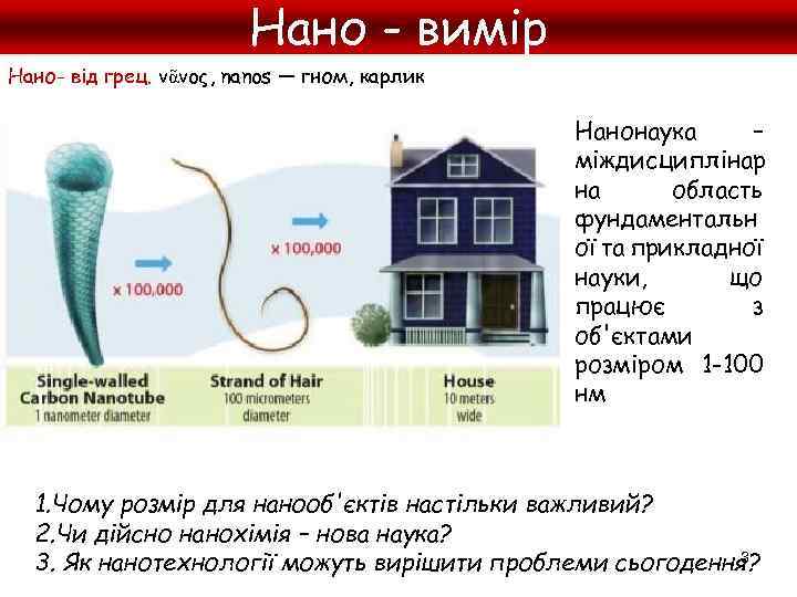 Нано - вимір Нано- від грец. νᾶνος, nanos — гном, карлик Нанонаука – міждисциплінар