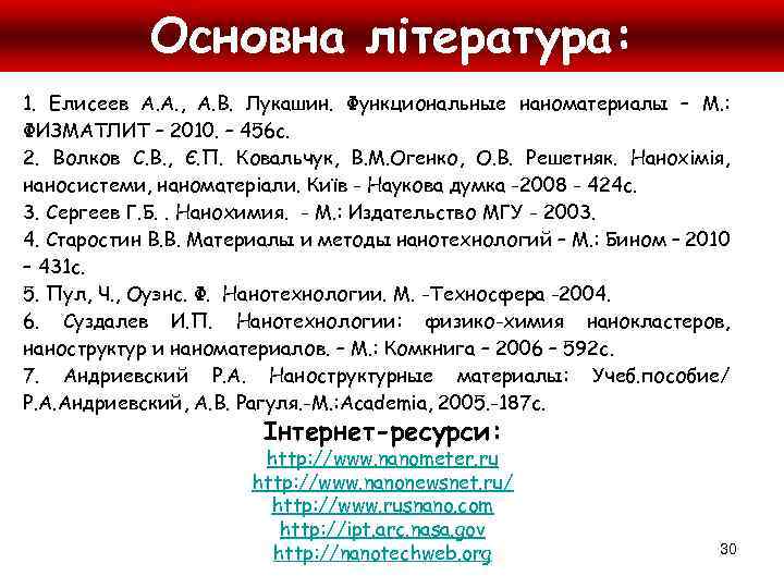 Основна література: 1. Елисеев А. А. , А. В. Лукашин. Функциональные наноматериалы – М.