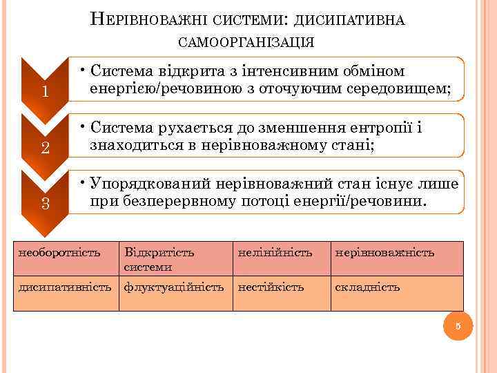 НЕРІВНОВАЖНІ СИСТЕМИ: ДИСИПАТИВНА САМООРГАНІЗАЦІЯ 1 • Система відкрита з інтенсивним обміном енергією/речовиною з оточуючим