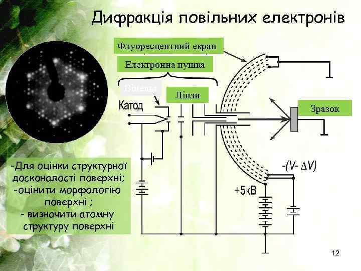 Дифракція повільних електронів Флуоресцентний екран Електронна пушка Вінельт Лінзи Зразок -Для оцінки структурної досконалості