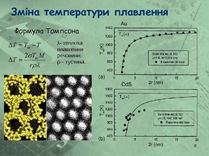 Зміна температури плавлення Формула Томпсона λ- теплота плавлення речовини; ρ – густина. 8 