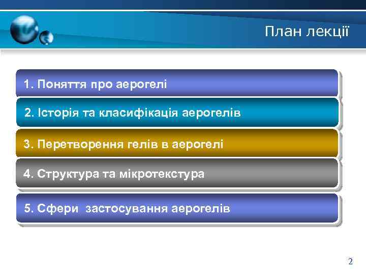 План лекції 1. Поняття про аерогелі 2. Історія та класифікація аерогелів 3. Перетворення гелів