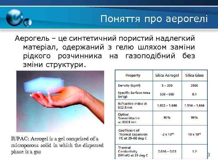 Поняття про аерогелі Аерогель – це синтетичний пористий надлегкий матеріал, одержаний з гелю шляхом