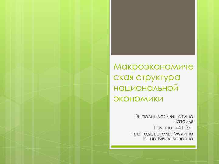 Макроэкономиче ская структура национальной экономики Выполнила: Финютина Наталья Группа: 441 -3/1 Преподаватель: Мулина Инна