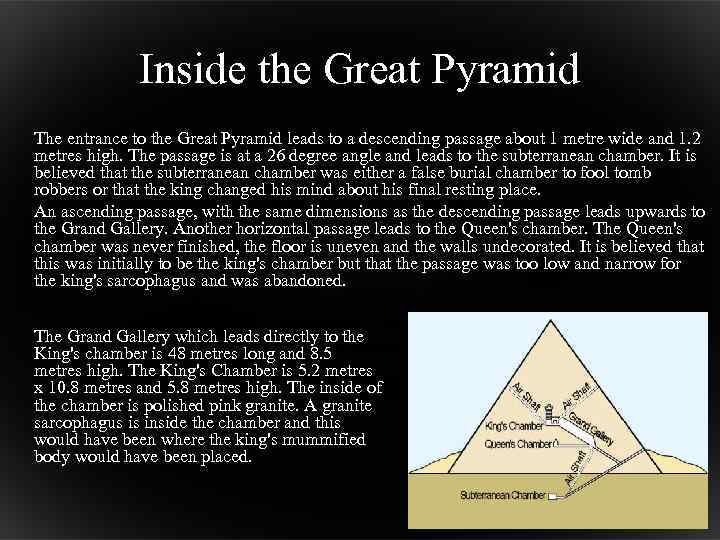 Inside the Great Pyramid The entrance to the Great Pyramid leads to a descending