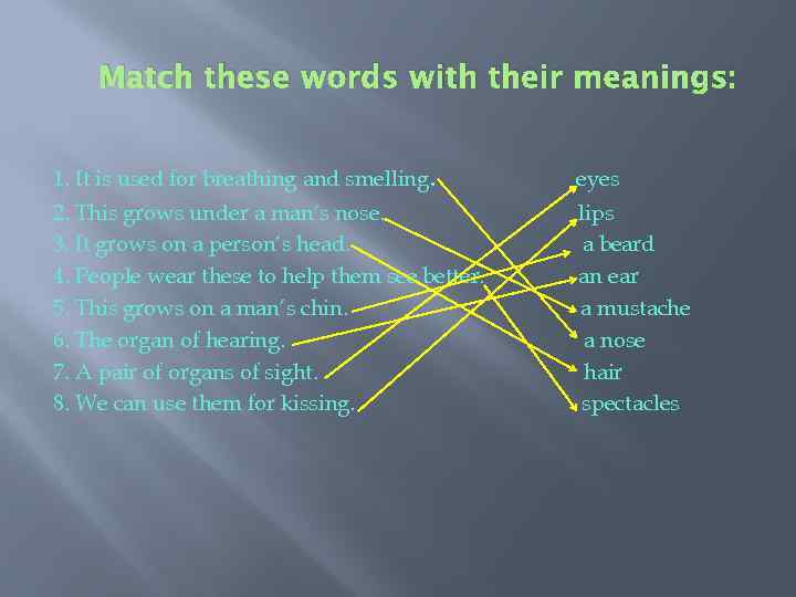 Match these words with their meanings: 1. It is used for breathing and smelling.