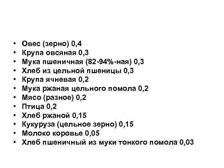  • • • Овес (зерно) 0, 4 Крупа овсяная 0, 3 Мука пшеничная